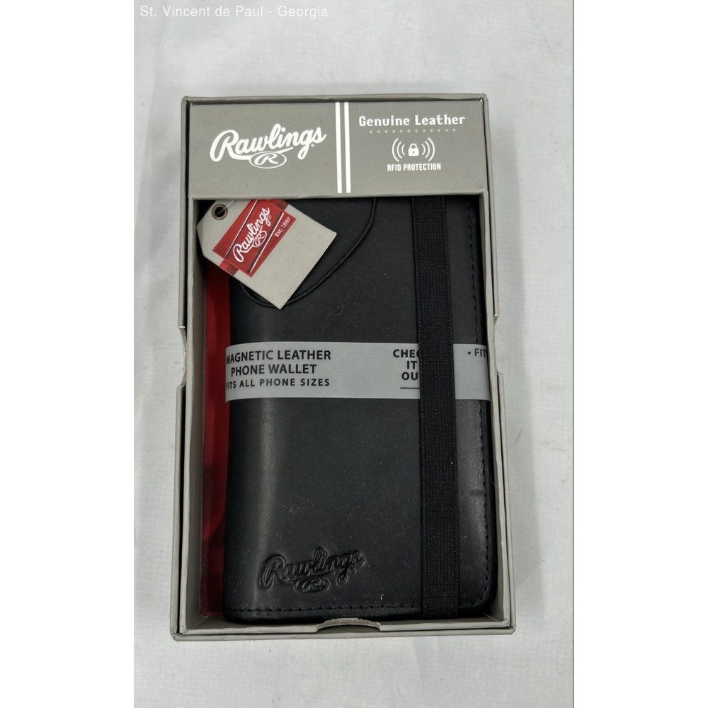 Rawlings Black Genuine Leather Magnetic Phone Case W/ Elastic and RFID Brand New